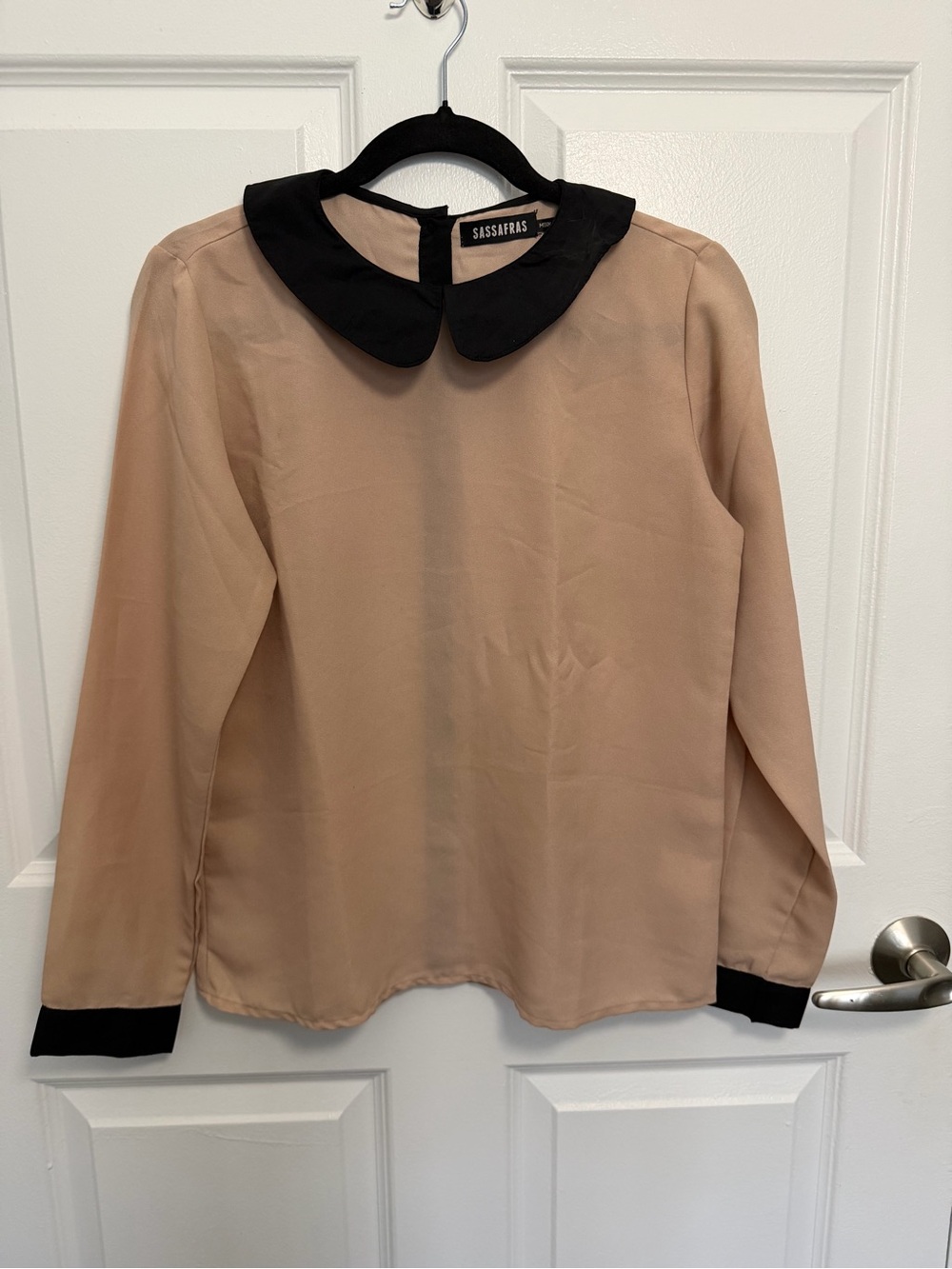 Beige Long-Sleeve Blouse with Black Peter Pan Collar